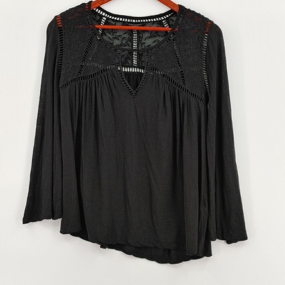 Lucky Brand‎ Top Women Small Black Peasant Lace Crochet Linen-Modal Blouse Flowy